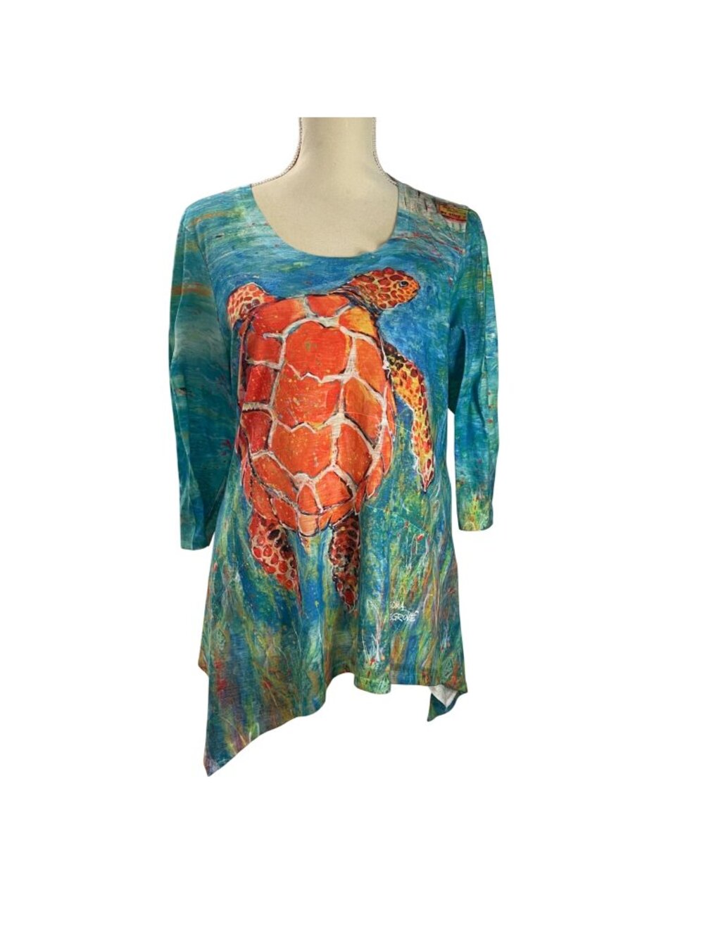 Leoma Lovegrove Sea Turtle Art to Wear Top Women's Size Large Asymmetrical Hem